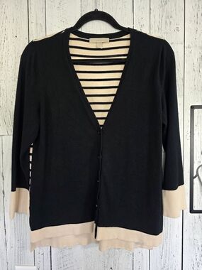 One A Black & Beige Striped Button Front Cardigan – Size L Casual Office Wear